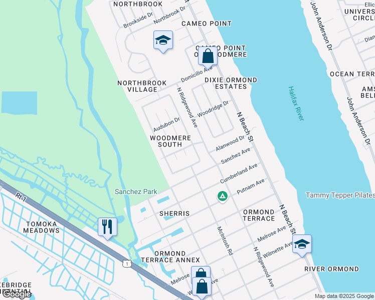 map of restaurants, bars, coffee shops, grocery stores, and more near 112 Knollwood Circle in Ormond Beach