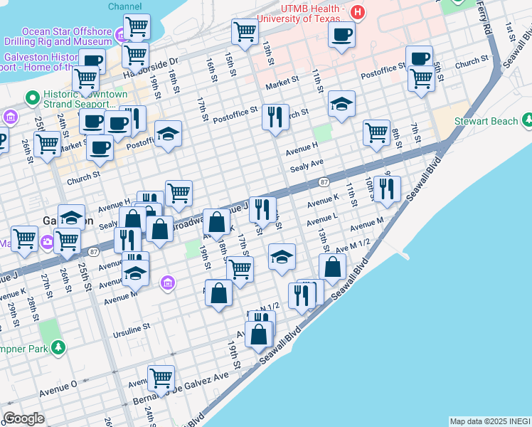 map of restaurants, bars, coffee shops, grocery stores, and more near 1521 Avenue K in Galveston