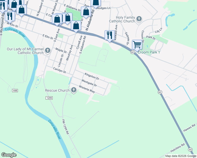 map of restaurants, bars, coffee shops, grocery stores, and more near 1318 Kingston Drive in Wharton