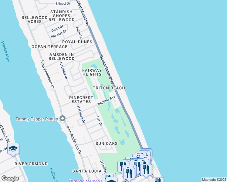 map of restaurants, bars, coffee shops, grocery stores, and more near 338 Ocean Shore Boulevard in Ormond Beach