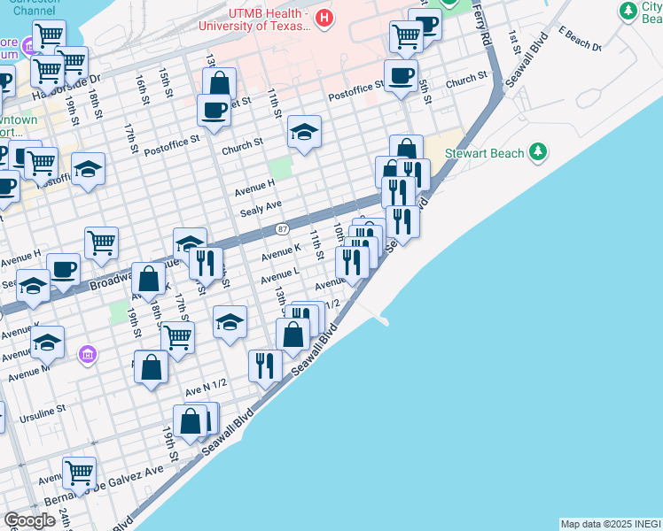 map of restaurants, bars, coffee shops, grocery stores, and more near 1102 Avenue M in Galveston