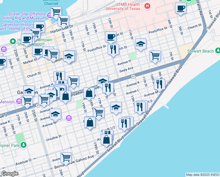 map of restaurants, bars, coffee shops, grocery stores, and more near 1521 Avenue K in Galveston