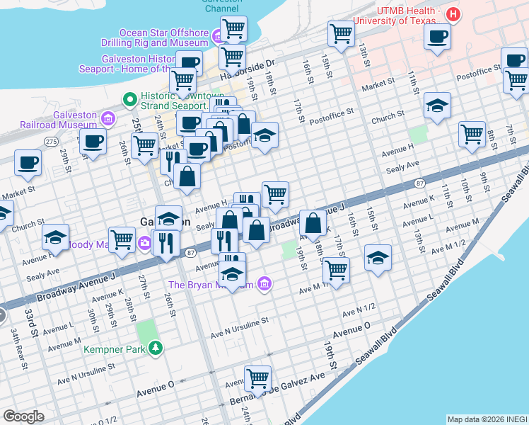 map of restaurants, bars, coffee shops, grocery stores, and more near 914 21st Street in Galveston