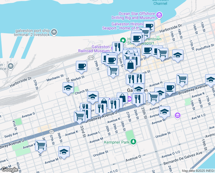 map of restaurants, bars, coffee shops, grocery stores, and more near 719 29th Street in Galveston