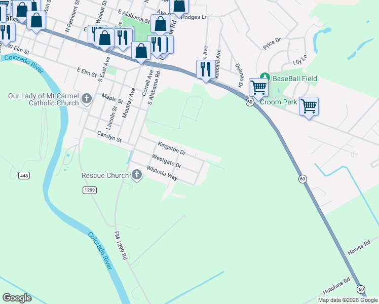 map of restaurants, bars, coffee shops, grocery stores, and more near 1318 Kingston Drive in Wharton