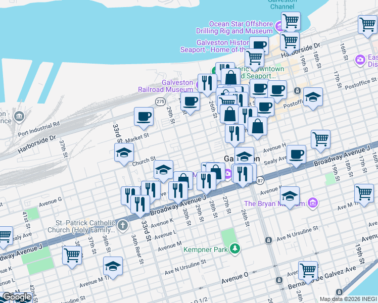 map of restaurants, bars, coffee shops, grocery stores, and more near 719 29th Street in Galveston