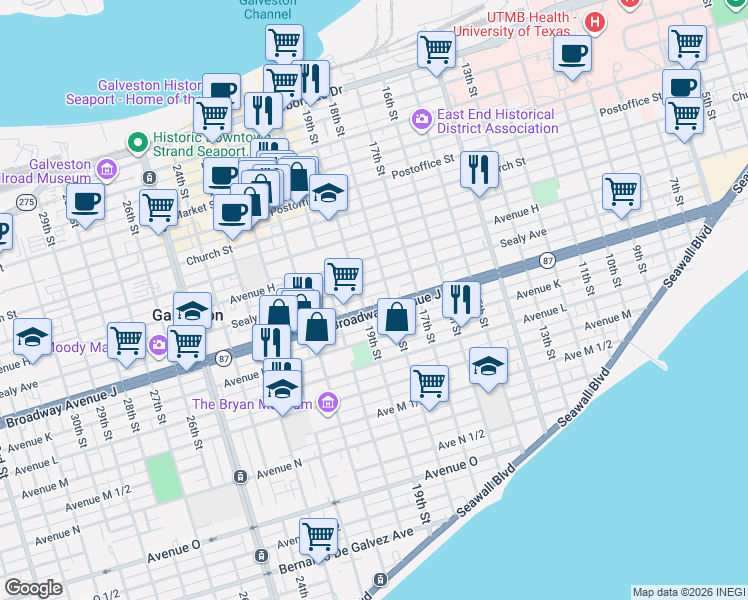 map of restaurants, bars, coffee shops, grocery stores, and more near 1727 Sealy Avenue in Galveston