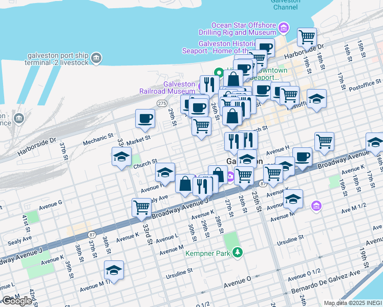 map of restaurants, bars, coffee shops, grocery stores, and more near 2823 Mechanic Street in Galveston