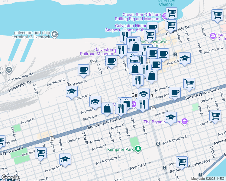 map of restaurants, bars, coffee shops, grocery stores, and more near 2716 Church Street in Galveston