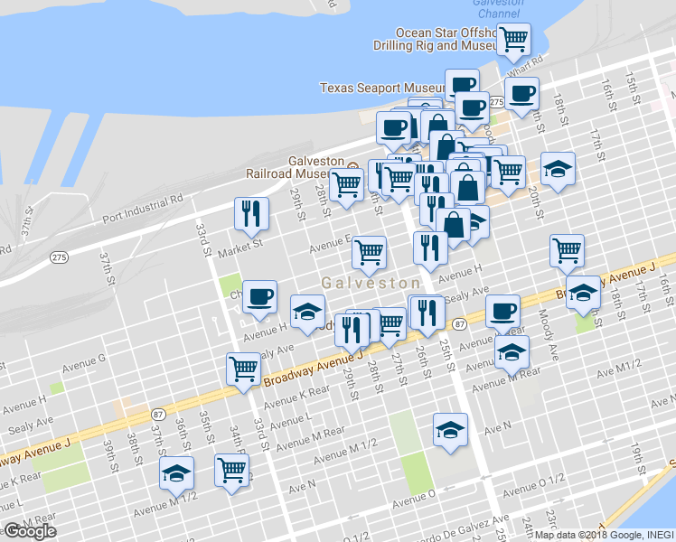map of restaurants, bars, coffee shops, grocery stores, and more near 2716 Church Street in Galveston
