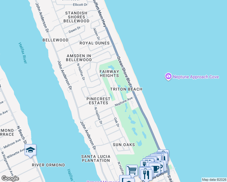 map of restaurants, bars, coffee shops, grocery stores, and more near 432 Triton Road in Ormond Beach