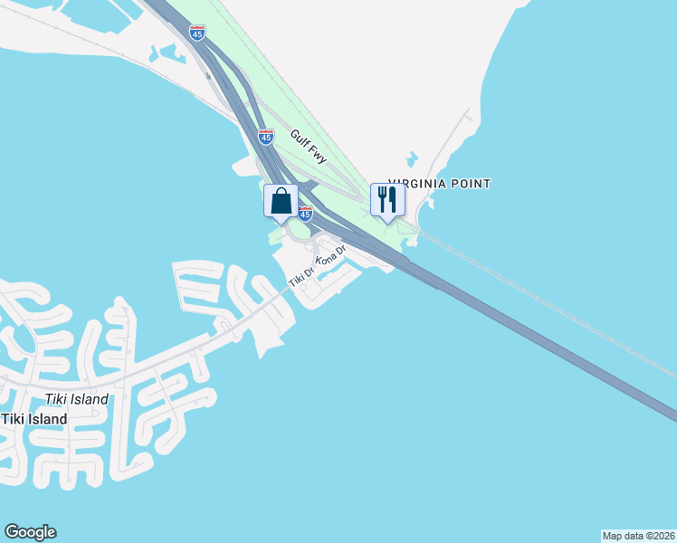 map of restaurants, bars, coffee shops, grocery stores, and more near 111 Kona Drive in Tiki Island