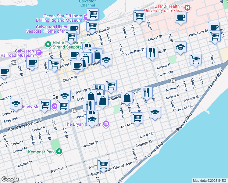map of restaurants, bars, coffee shops, grocery stores, and more near 1920 Sealy Avenue in Galveston