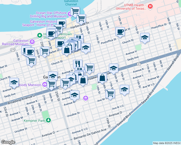 map of restaurants, bars, coffee shops, grocery stores, and more near 1911 Sealy Avenue in Galveston