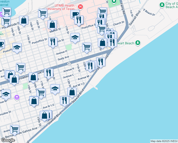 map of restaurants, bars, coffee shops, grocery stores, and more near 919 Avenue L in Galveston