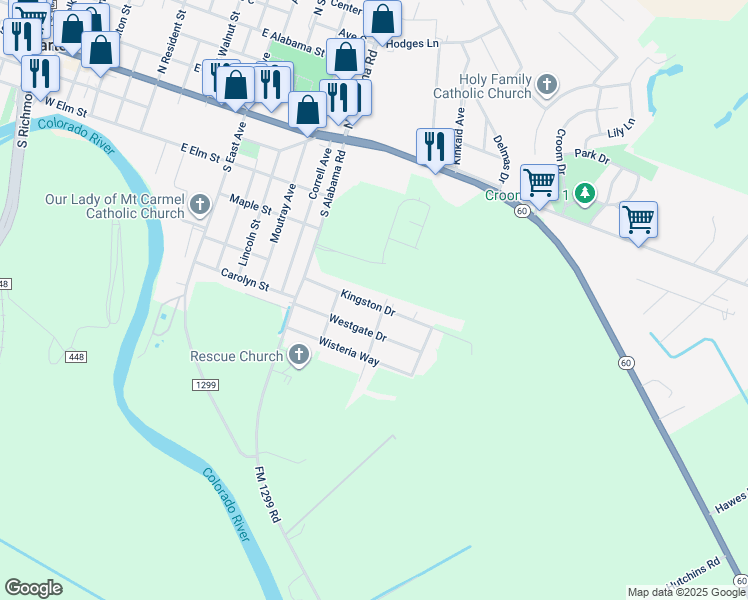 map of restaurants, bars, coffee shops, grocery stores, and more near 1221 Kingston Drive in Wharton