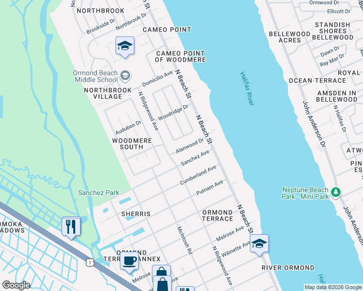 map of restaurants, bars, coffee shops, grocery stores, and more near 44 Woodsong Lane in Ormond Beach