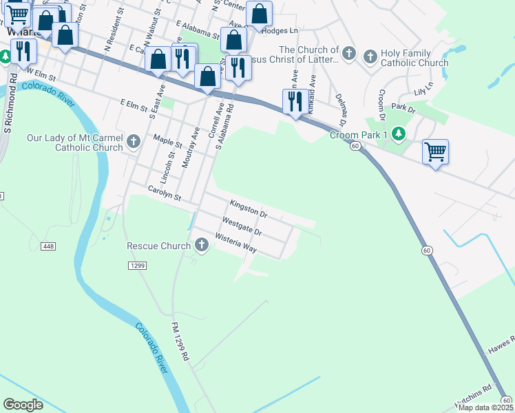 map of restaurants, bars, coffee shops, grocery stores, and more near 1221 Kingston Drive in Wharton