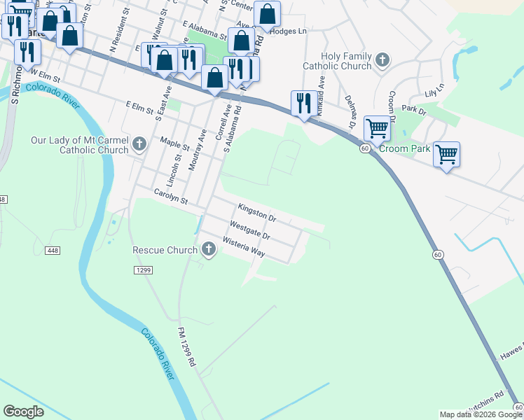 map of restaurants, bars, coffee shops, grocery stores, and more near 1221 Kingston Drive in Wharton