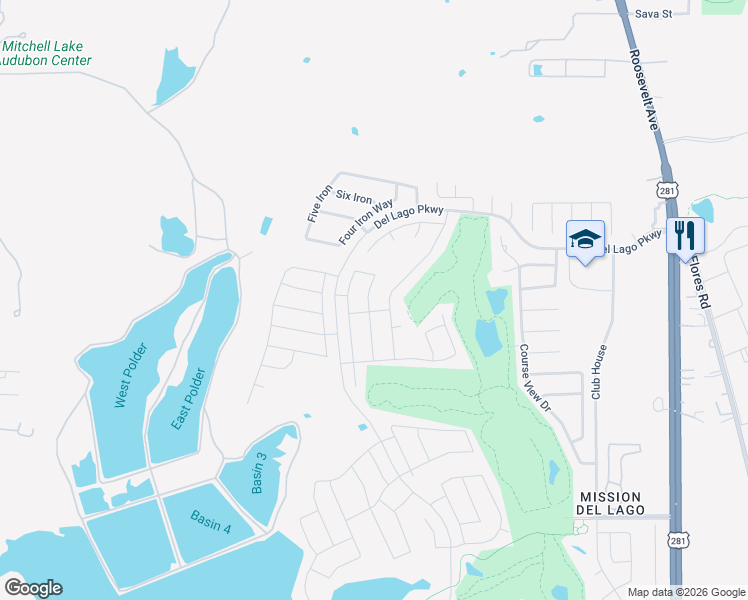 map of restaurants, bars, coffee shops, grocery stores, and more near 11518 Boyd Bay in San Antonio