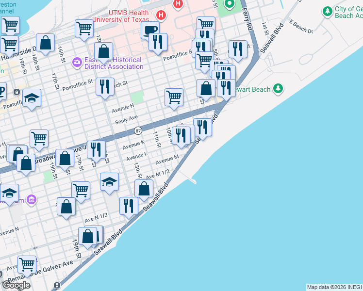 map of restaurants, bars, coffee shops, grocery stores, and more near 916 Avenue L in Galveston