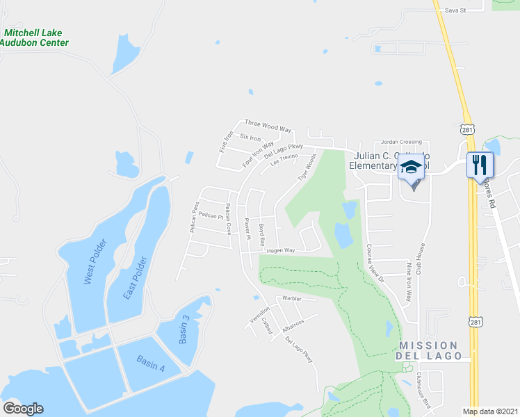 map of restaurants, bars, coffee shops, grocery stores, and more near 11518 Boyd Bay in San Antonio