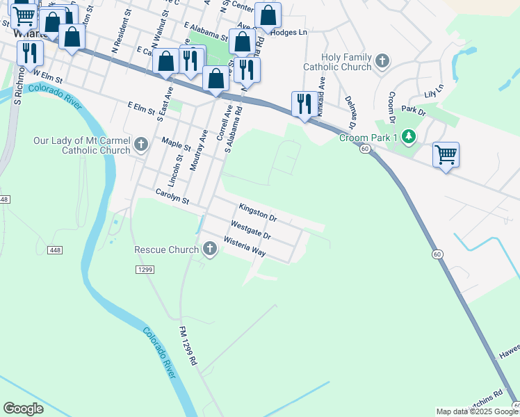 map of restaurants, bars, coffee shops, grocery stores, and more near 1221 Kingston Drive in Wharton