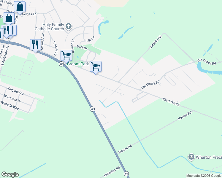 map of restaurants, bars, coffee shops, grocery stores, and more near 2525 Nelga Road in Wharton