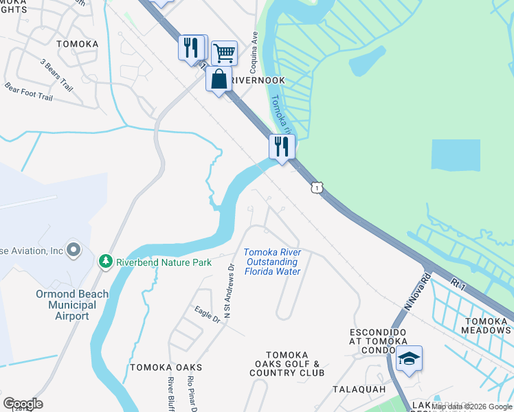 map of restaurants, bars, coffee shops, grocery stores, and more near 7 Waterfront Court in Ormond Beach