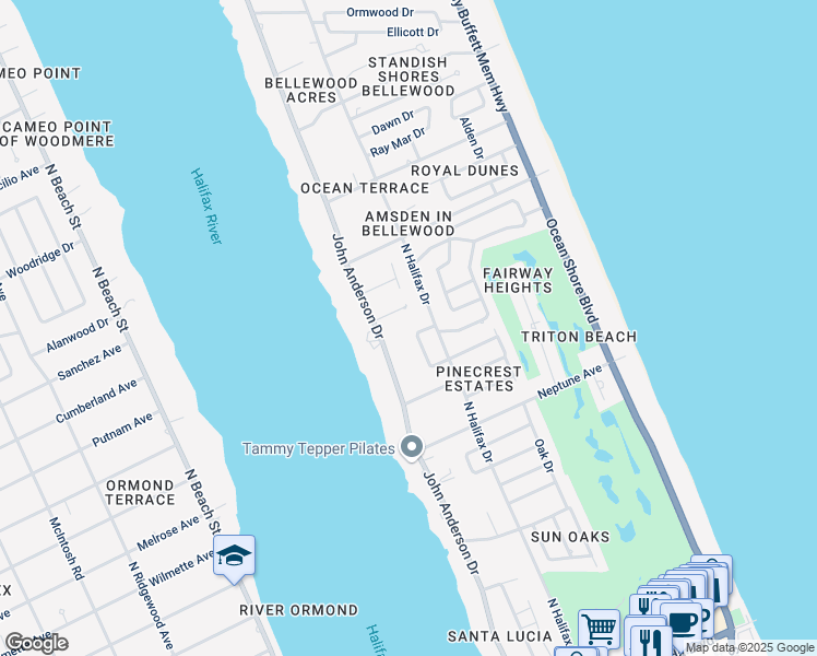 map of restaurants, bars, coffee shops, grocery stores, and more near 496 Druid Cir in Ormond Beach