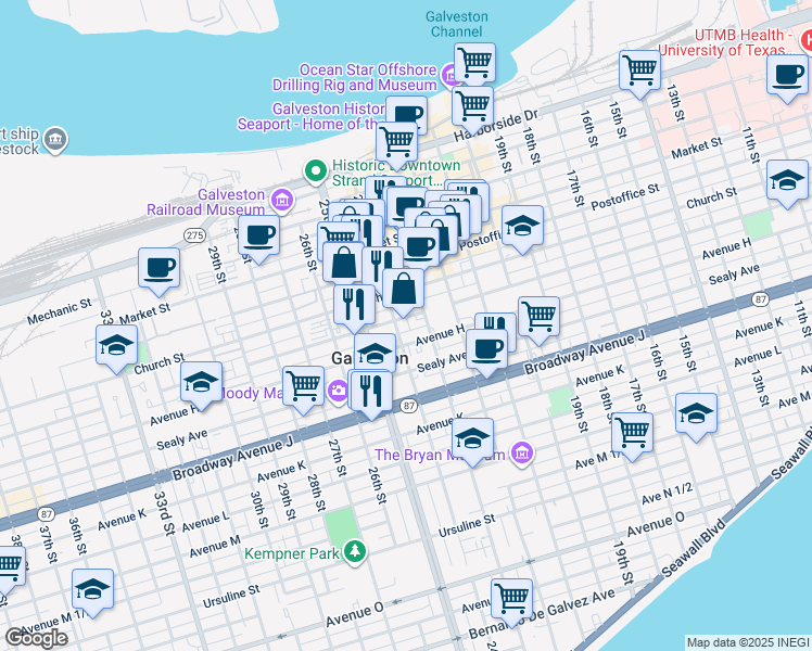 map of restaurants, bars, coffee shops, grocery stores, and more near 2327 Winnie Street in Galveston