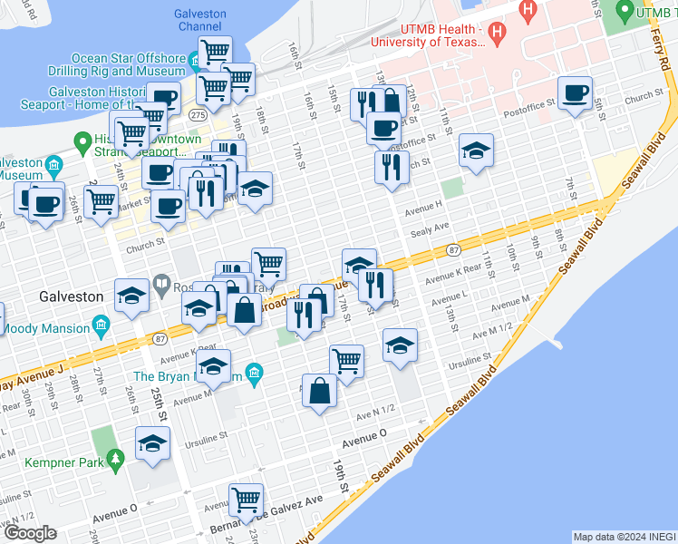 map of restaurants, bars, coffee shops, grocery stores, and more near 1628 Broadway Avenue J in Galveston