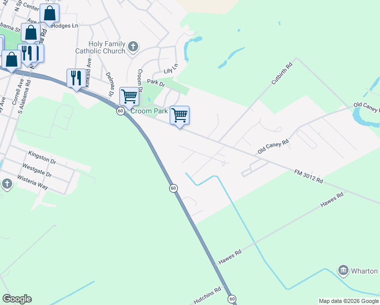 map of restaurants, bars, coffee shops, grocery stores, and more near 2516 Nelga Road in Wharton