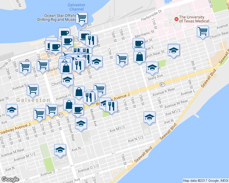 map of restaurants, bars, coffee shops, grocery stores, and more near 1727 Sealy Avenue in Galveston