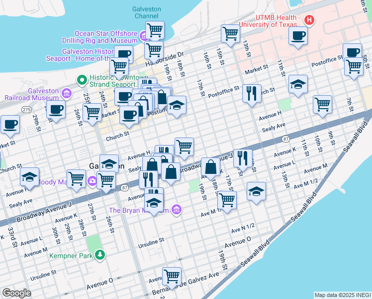 map of restaurants, bars, coffee shops, grocery stores, and more near 1920 Sealy Avenue in Galveston