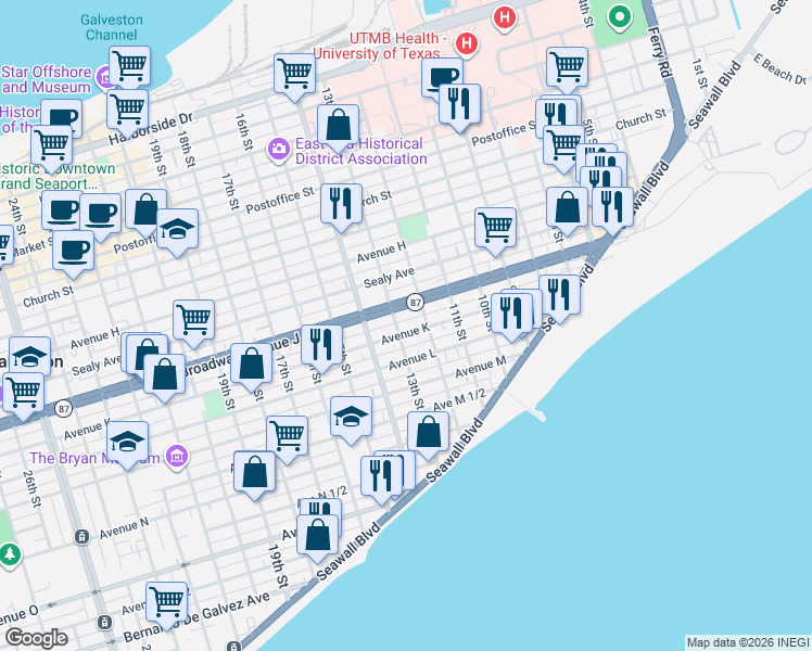 map of restaurants, bars, coffee shops, grocery stores, and more near 1012 13th Street in Galveston