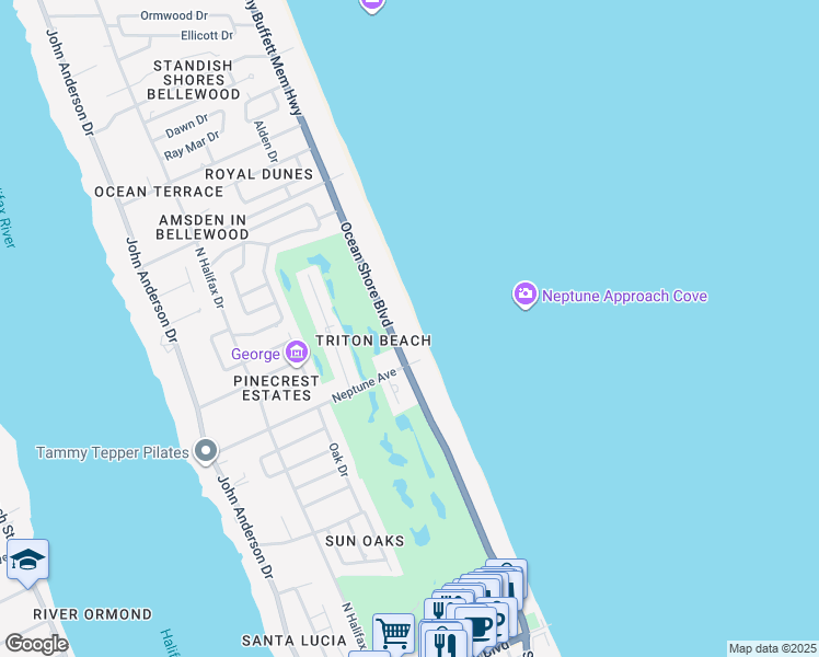 map of restaurants, bars, coffee shops, grocery stores, and more near 411 Ocean Shore Boulevard in Ormond Beach