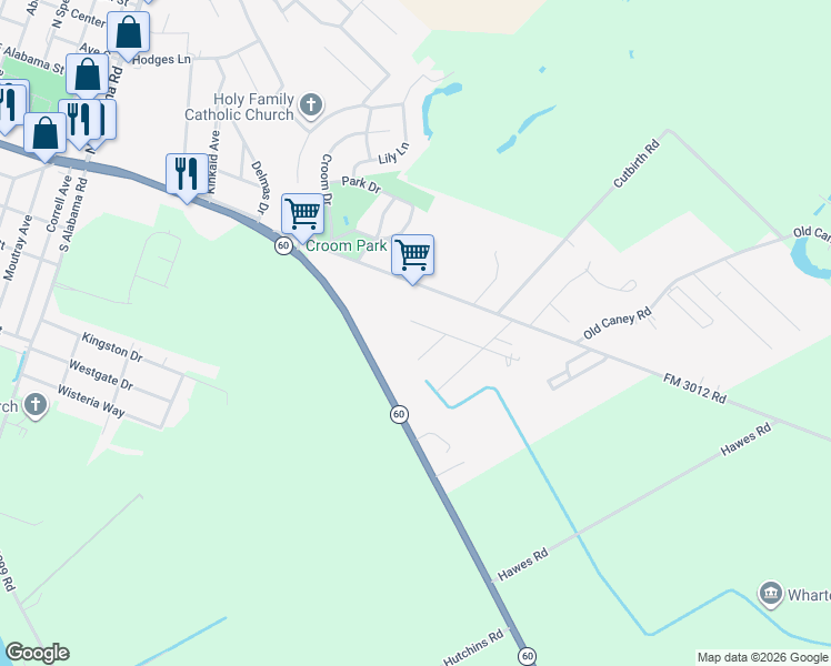 map of restaurants, bars, coffee shops, grocery stores, and more near 2516 Nelga Road in Wharton