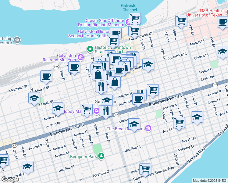 map of restaurants, bars, coffee shops, grocery stores, and more near 2327 Winnie Street in Galveston