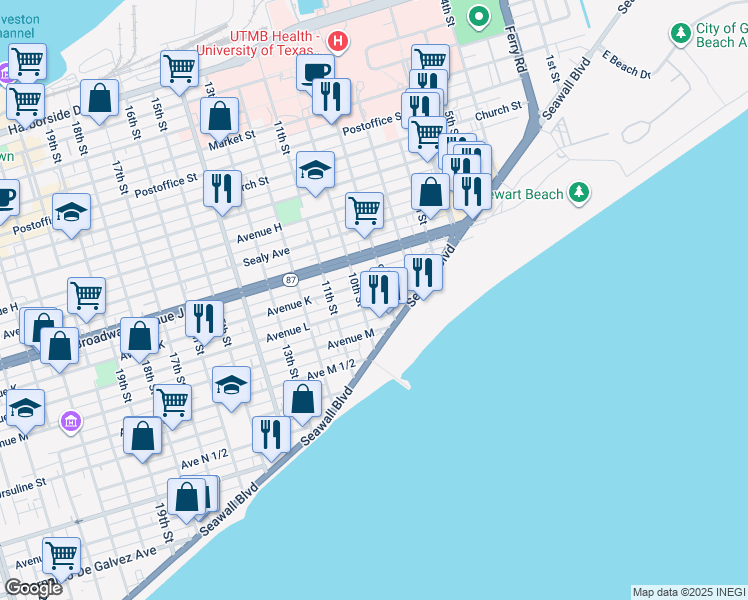 map of restaurants, bars, coffee shops, grocery stores, and more near 916 Avenue L in Galveston