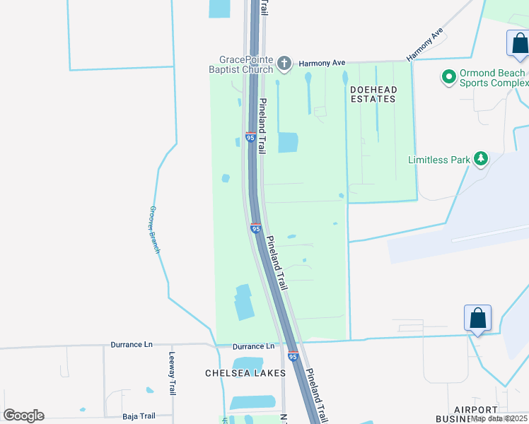 map of restaurants, bars, coffee shops, grocery stores, and more near Pineland Trail in Ormond Beach