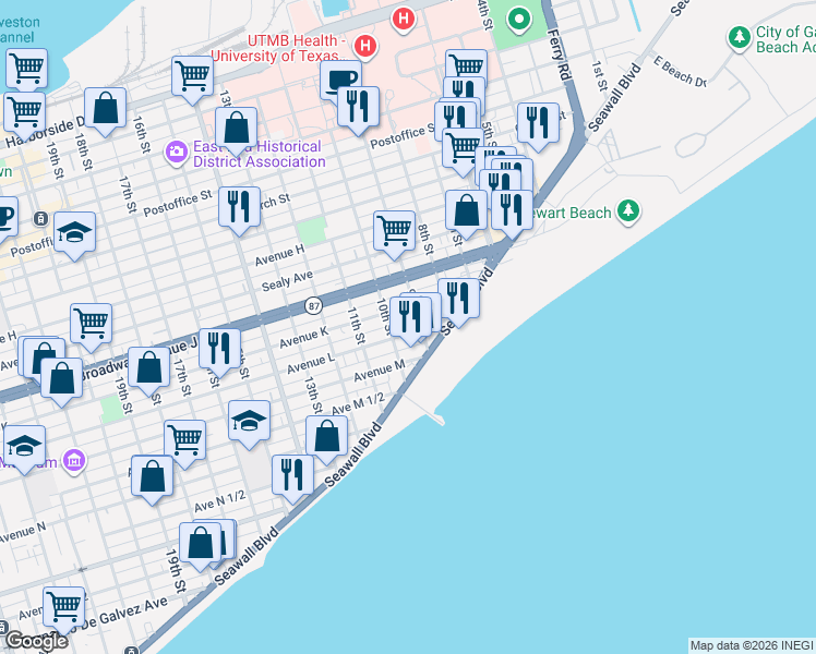 map of restaurants, bars, coffee shops, grocery stores, and more near 916 Avenue L in Galveston