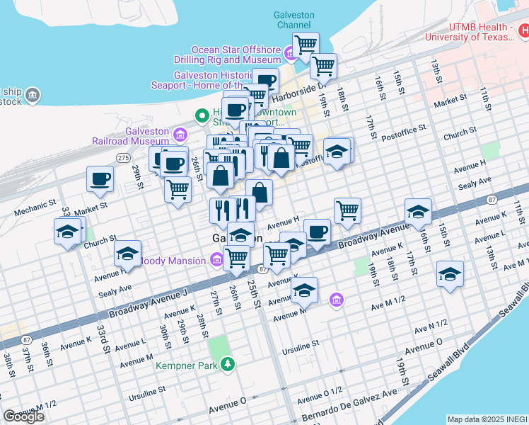 map of restaurants, bars, coffee shops, grocery stores, and more near 2315 Winnie Street in Galveston