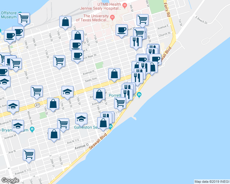 map of restaurants, bars, coffee shops, grocery stores, and more near 1019 Avenue K in Galveston