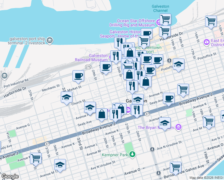 map of restaurants, bars, coffee shops, grocery stores, and more near 2716 Church Street in Galveston