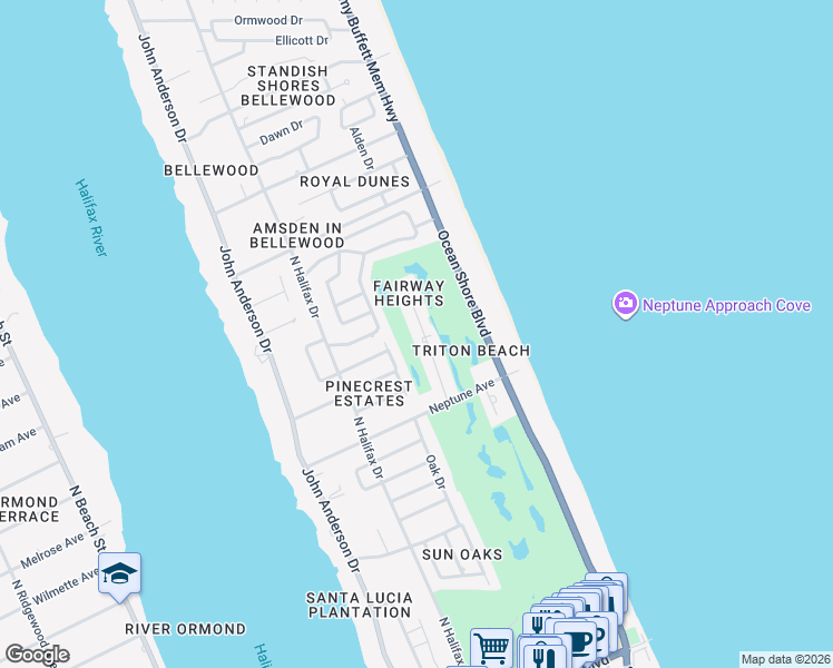 map of restaurants, bars, coffee shops, grocery stores, and more near 432 Triton Road in Ormond Beach