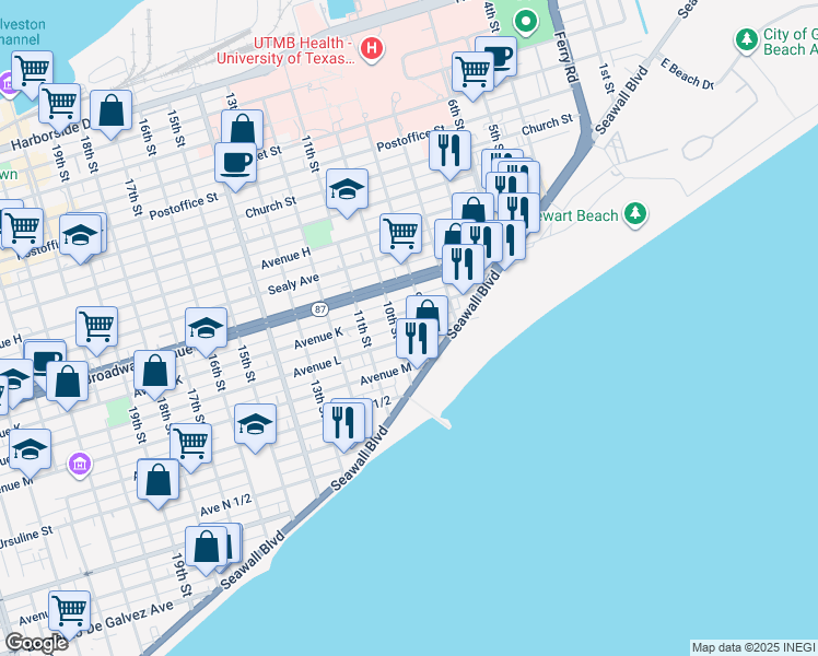 map of restaurants, bars, coffee shops, grocery stores, and more near 916 Avenue L in Galveston