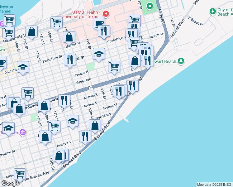 map of restaurants, bars, coffee shops, grocery stores, and more near 916 Avenue L in Galveston