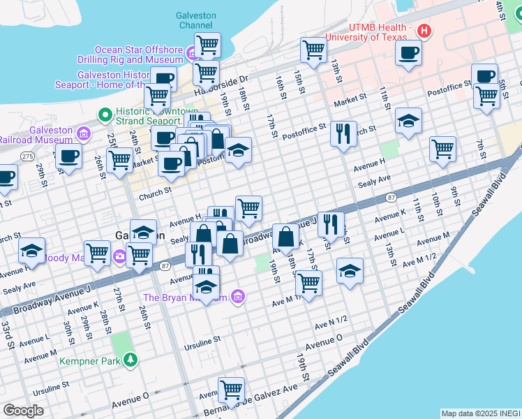 map of restaurants, bars, coffee shops, grocery stores, and more near 1920 Sealy Avenue in Galveston