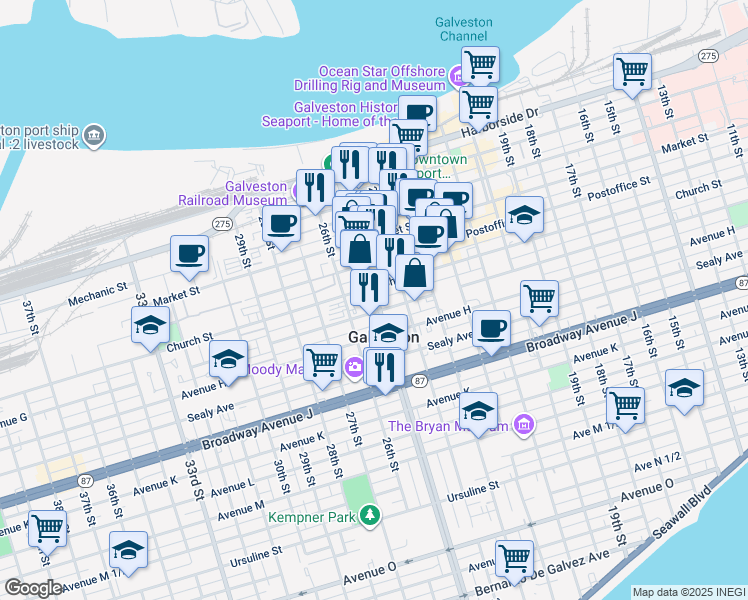 map of restaurants, bars, coffee shops, grocery stores, and more near in Galveston